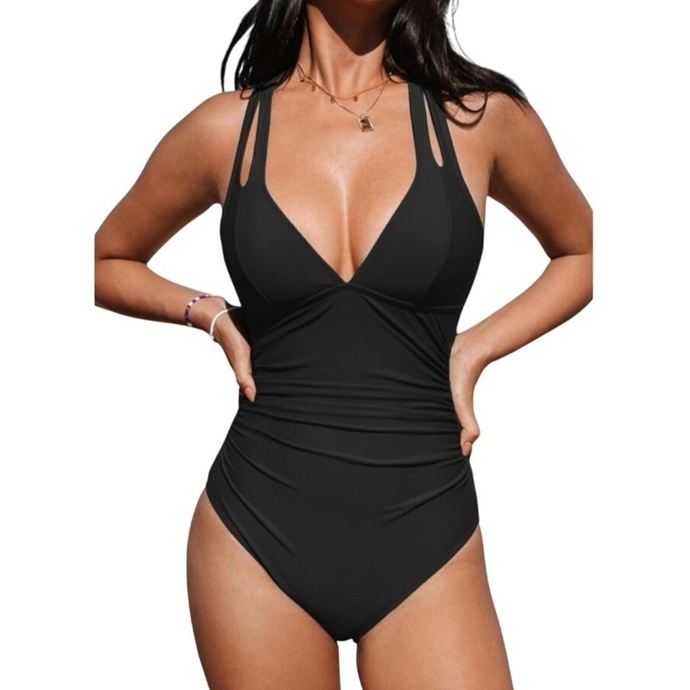 CUPSHIE Black Ruched Plunge Neck One Piece Swimsuit Women's Size Small